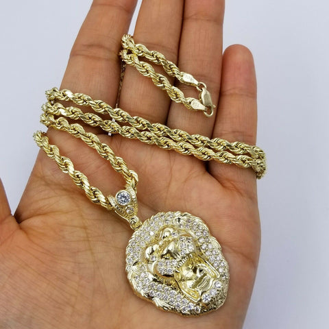 REAL 10k Yellow Gold KING Lion Head Charm Pendent 4mm Rope Chain 20 22 24 26