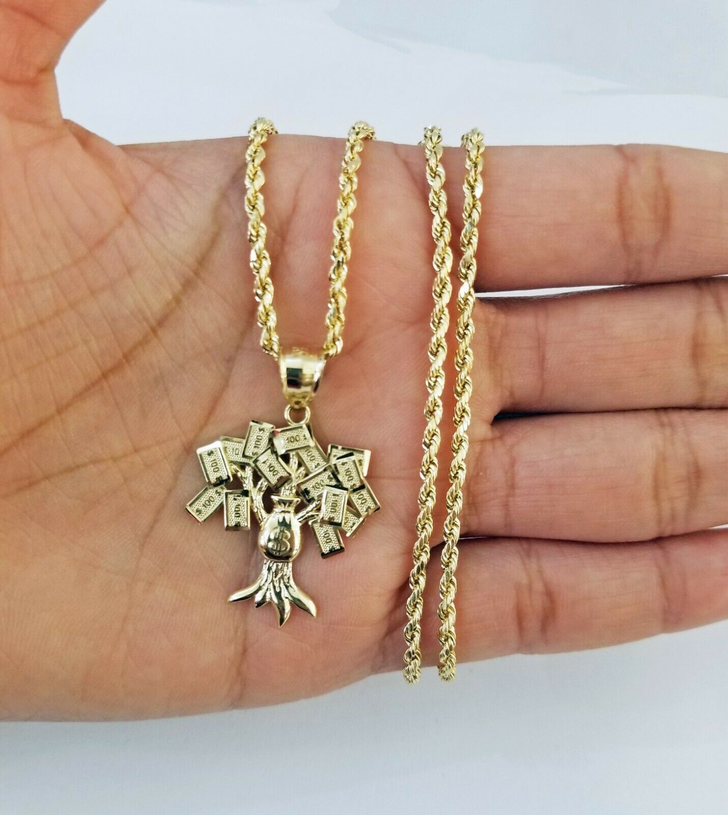 10k Yellow Gold Money Tree Pendant with 18 inch rope chain 3mm,10kt gold set