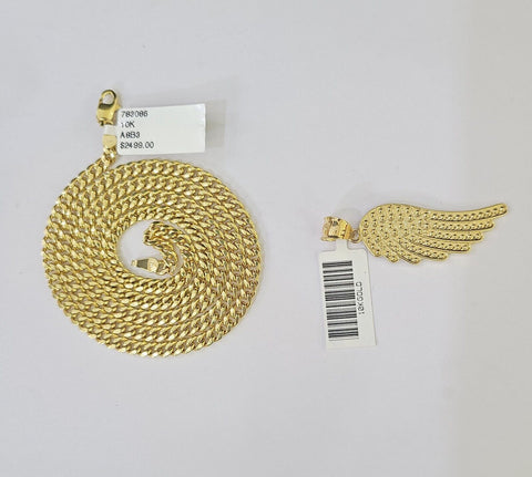 10k Yellow Gold Miami Cuban Chain & Wings Charm \ Pendent SET 3mm 22 Inches