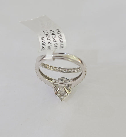 Real 14k White Gold Diamond Ladies Ring SET Pear Lab Created Engagement Wedding