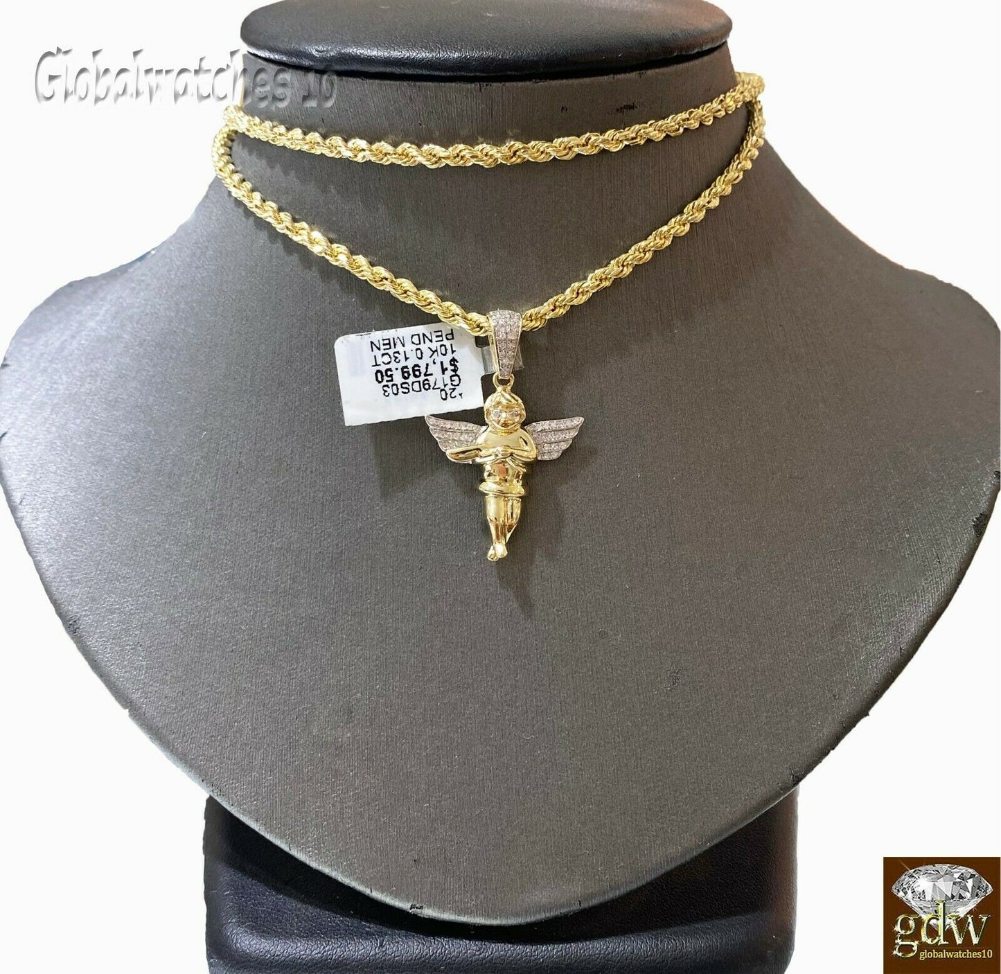 Real 10k Gold Praying Angel Charm Pendant with Rope Chain in 20 22 24 26 Inch