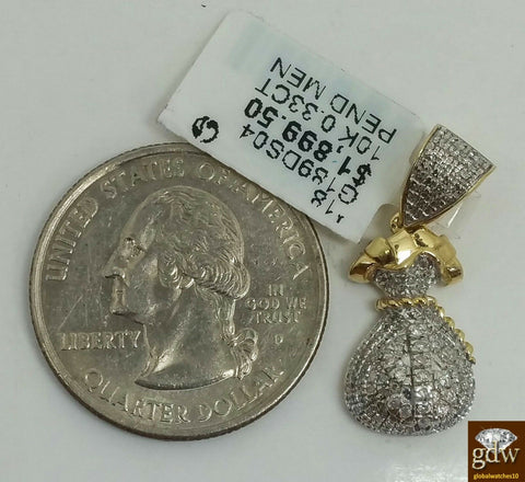 Real 10k Money Bag Charm With 0.33 CT Diamond With 20 Inch Rope Chain, Free Ship