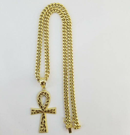 Real 10k Yellow Gold Ankh Cross Charm 20" Inch 6mm Miami Cuban Chain