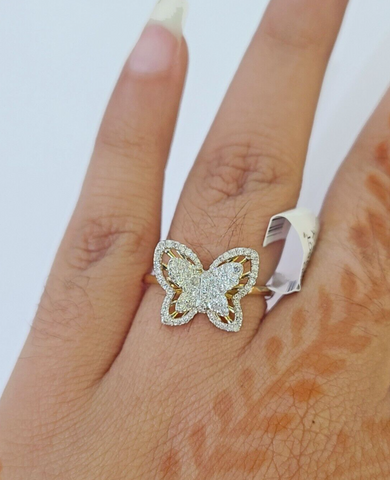 Real 10k Yellow Gold Diamond Ladies Ring Butterfly Women Engagement Wedding