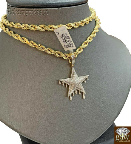 10k Gold Diamond Charm with Rope Chain in 20 22 24 26 inch Star Shape Pendant