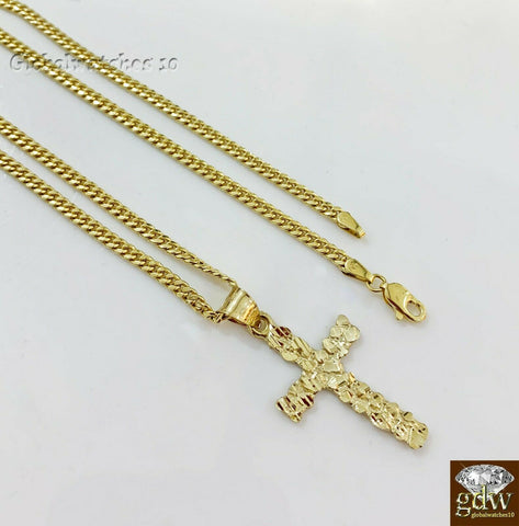 10k Gold Jesus Cross Charm, Pendant with Miami Cuban Chain in 22 24 26 28 Inch