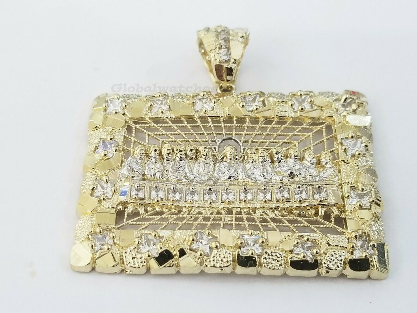 Real 10K Yellow Gold Last supper Diamond Cut Charm Pendant 2 Inches Jesus