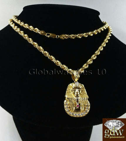 Men's Real 10k Yellow Gold 24 Inch Rope Chain with Egyptian Pharaoh Head Charm.