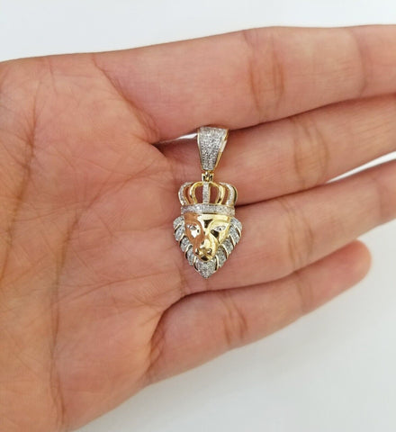 Real Diamond Pendant King Lion Head Men Crown Charm 10k Yellow Gold 1"