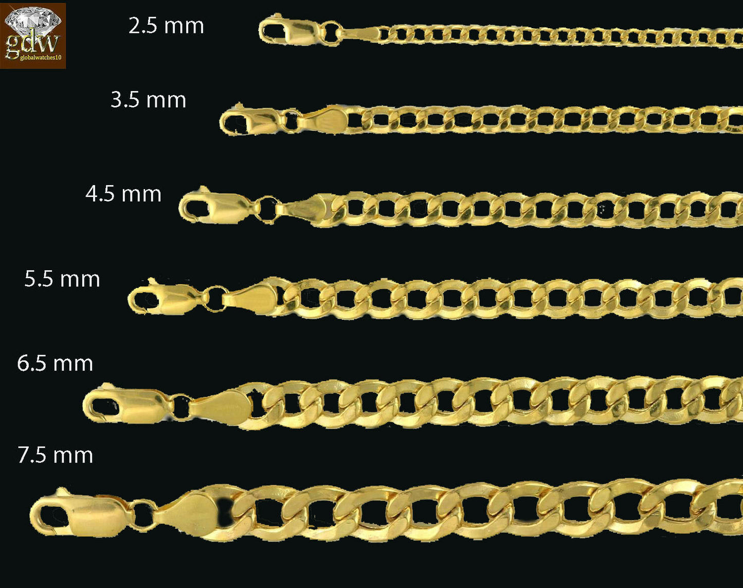 10k Gold Chain Solid curb link 2.5mm to 7.5mm 16 18 20 22 24 26 28 30 inch