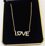 Real 10k Yellow Gold LOVE Diamond Pendant Chain Necklace Set Women