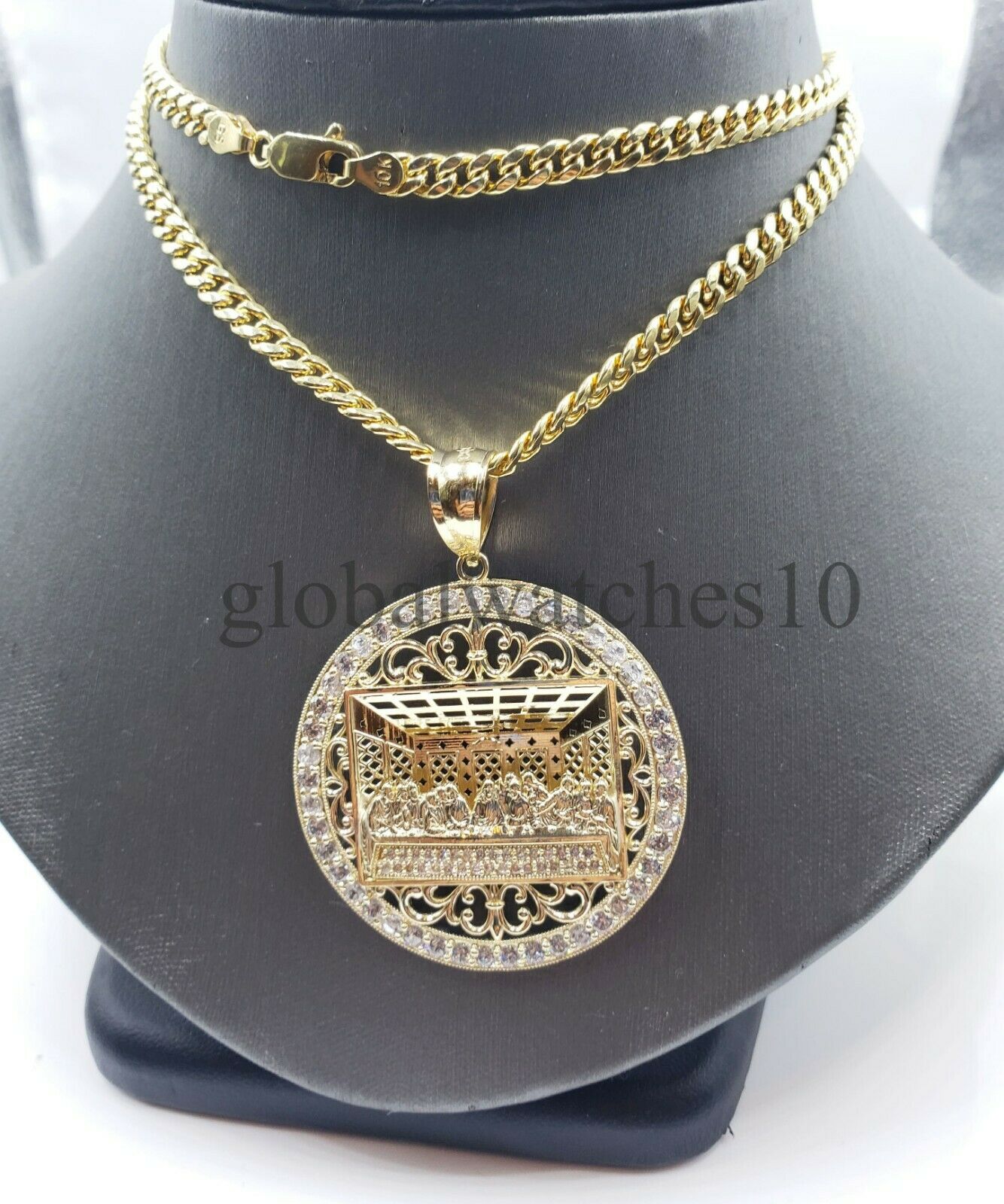 REAL 10k Gold last Supper Pendant Charm Men 10k Byzantine Rope Cuban chain Set