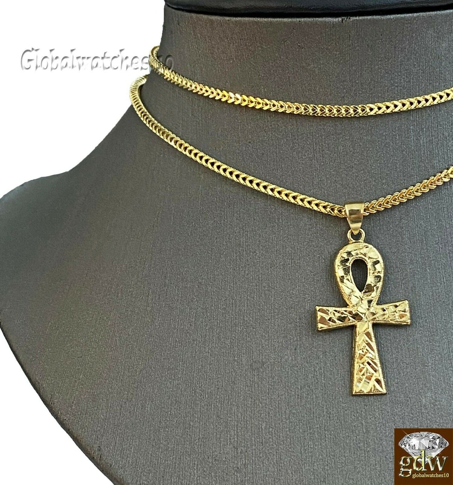 10k Gold Ankh Cross Charm Pendant Franco Chain 22" 24" 26" 28" Real