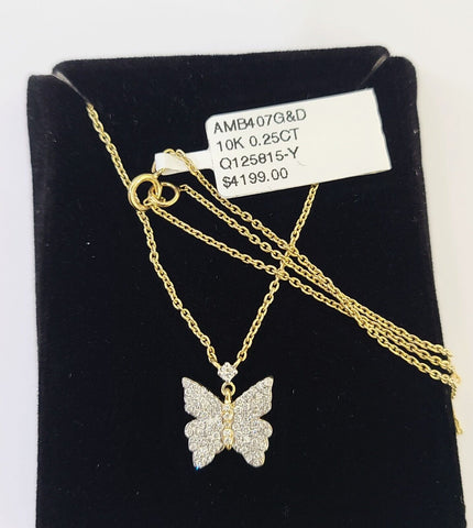 Real 10k Yellow Gold Butterfly Diamond Pendant Chain Necklace Set Women