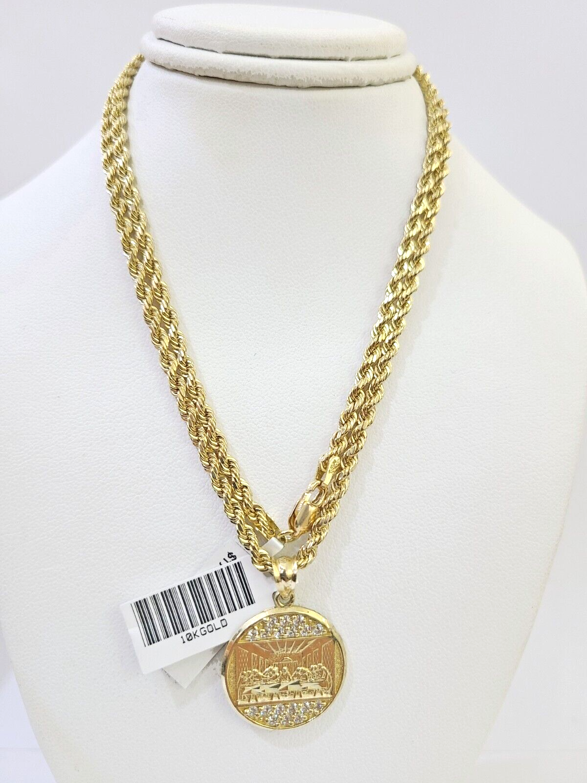 10k Gold Rope Chain & Last Supper Charm Pendent SET 3mm 22 Inches Necklace