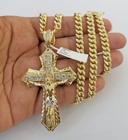 Real 10k Yellow Gold Cross Miami Cuban Link Chain Jesus Charm Pendant 6mm 24"