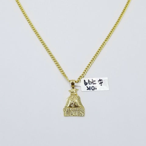 Dollar Bag 10k Gold Charm Pendant With Miami Cuban Chain 3mm  "Every Body EATS"
