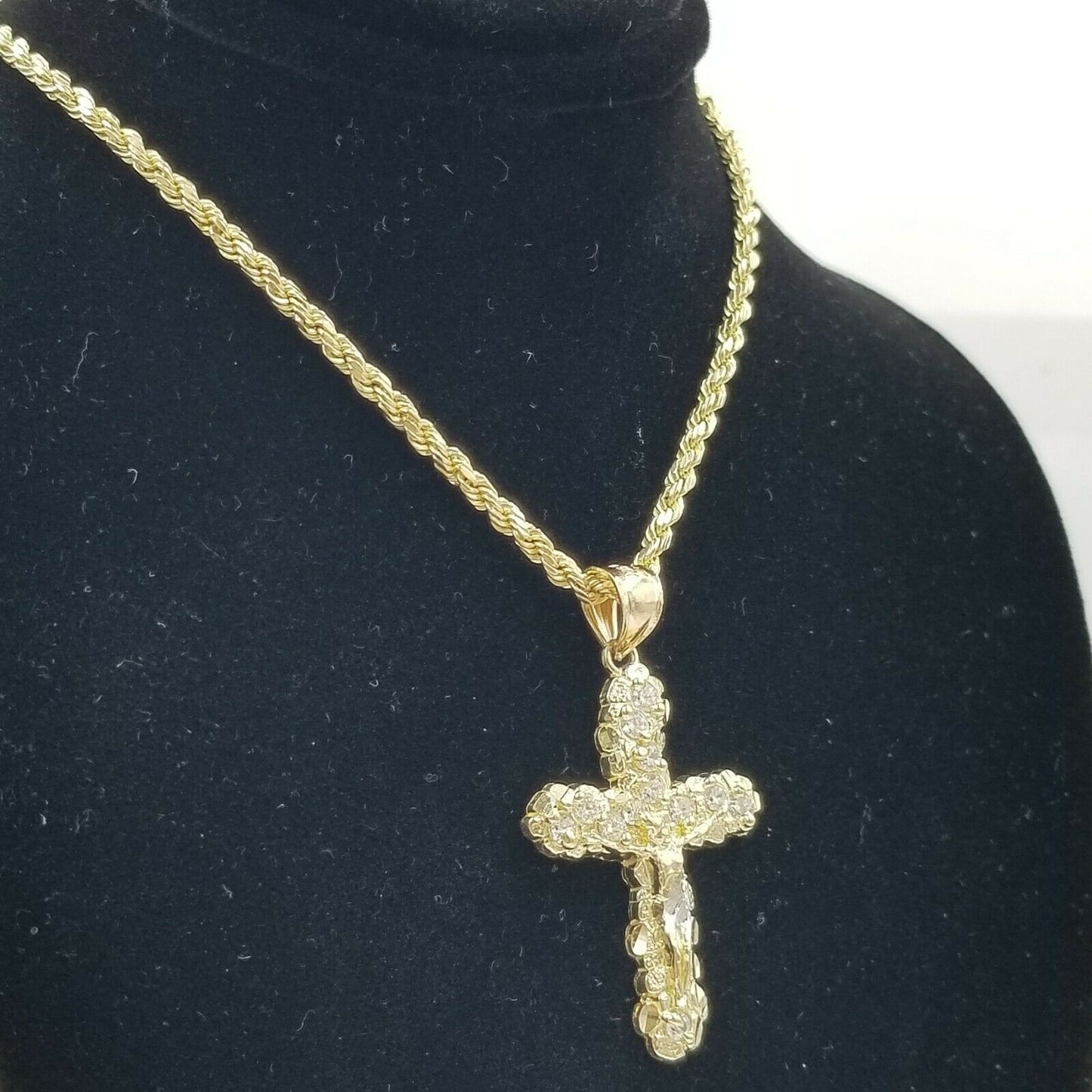 10k Yellow Gold Crucifix Cross Charm Jesus Pendant Rope Chain 18 20 22 24 26