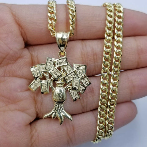 10K $100 Tree Charm Gold Pendant Miami Cuban Chain in18 20 22 24 26 28 Inch Real