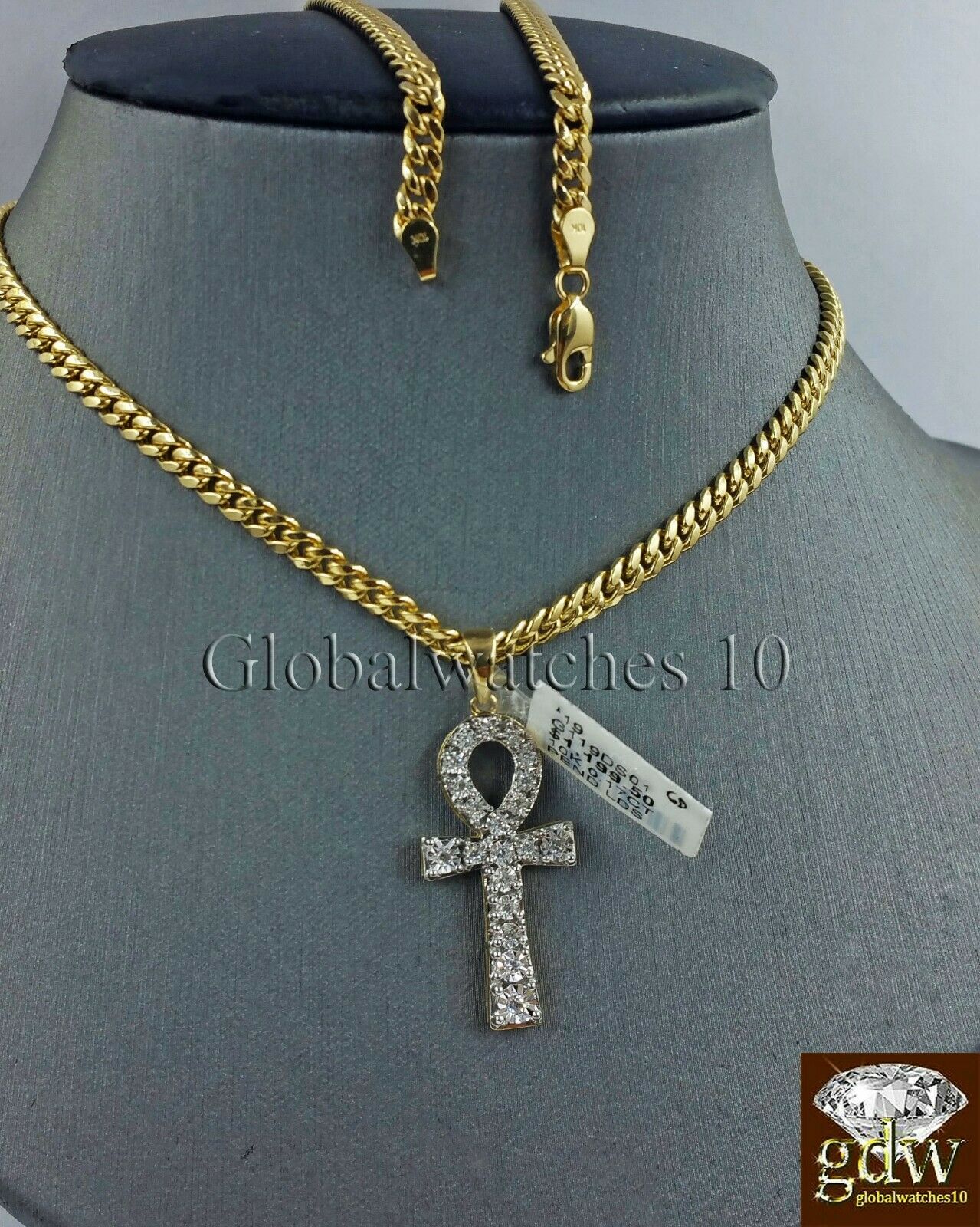 10k Gold Diamond Ankh Cross Charm with 26" Inch 3mm Miami Cuban Chain Jesus