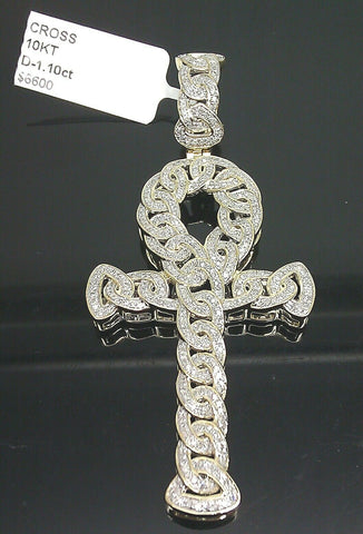 REAL 10K Men's Yellow Gold Ankh Charm 1.10 CT Diamond 2.5" Long & 22" Rope chain