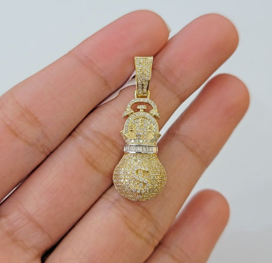 10K Yellow Gold Money Dollar Bag Charm Real Diamond 1" Gold Money Bag Pendant