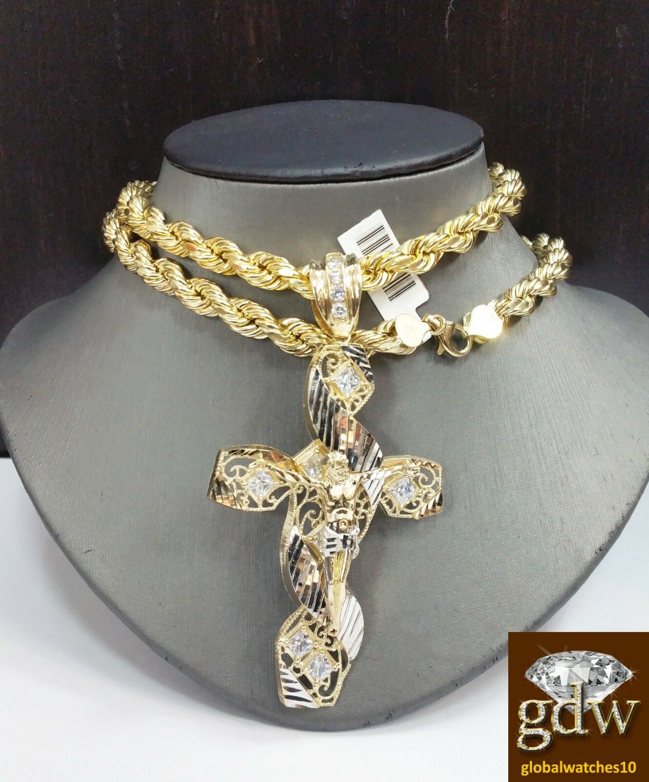 Real 10k Yellow Gold Men's Jesus Cross Charm/Pendant with 26 Inches Rope Chain.