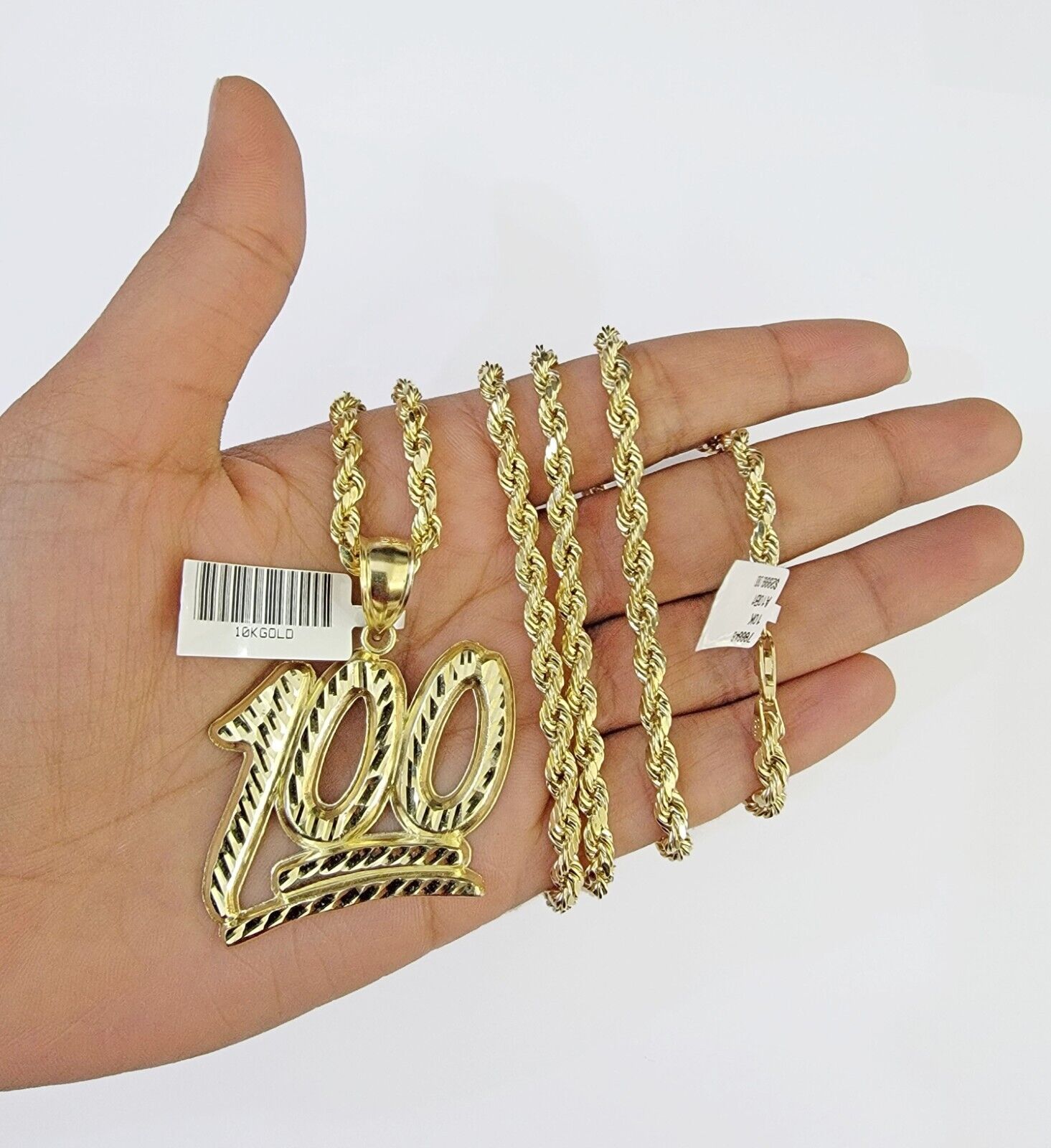 10K Yellow Gold Rope Chain 100 Charm Diamond Cut Men's Women's