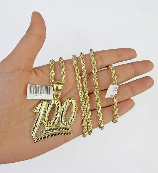 10K Yellow Gold Rope Chain 100 Charm Diamond Cut Men's Women's