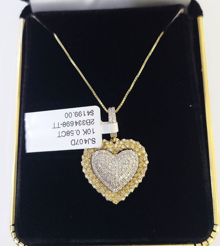 Real 10k Yellow Gold Heart Diamond Pendant Box Chain Necklace Set Women