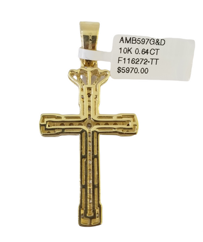 10K Yellow Gold Real Diamond Jesus Cross Pendent Crown Cross Charm Religious
