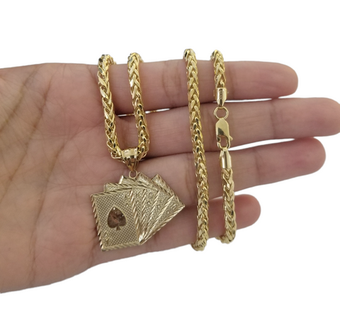 10k Yellow Gold Card Game Pendent 4mm Palm Chain 22" Inch Necklace