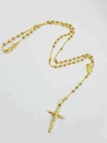 Real 14k Yellow Gold Rosary Necklace Women 21" Jesus Crucifix Diamond Cut Solid