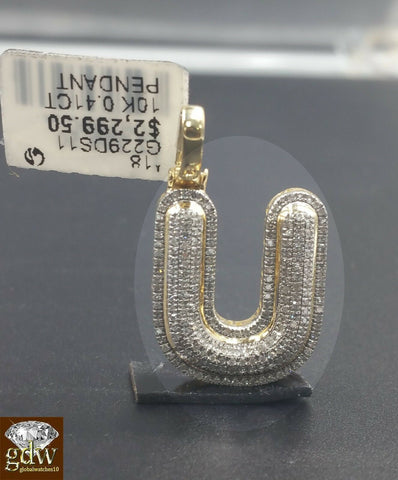 10k Yellow Gold Diamond Bubble Letter A-Z Initial Charm Pendent Real Diamond