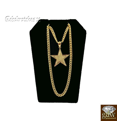 10k Gold Charm Pendant Star with Miami Cuban Chain in 22 24 26 28 Inch, Real