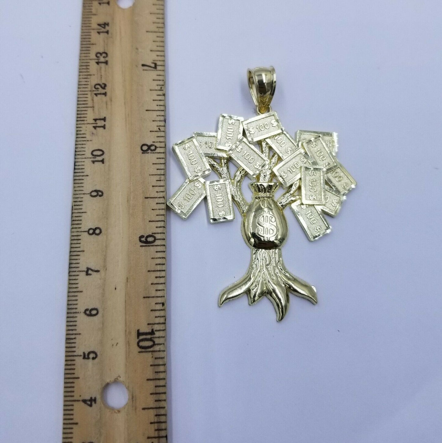 10k Yellow Gold Lucky $100 Dollar Bag Large 3" Charm Money Tree Pendant Real