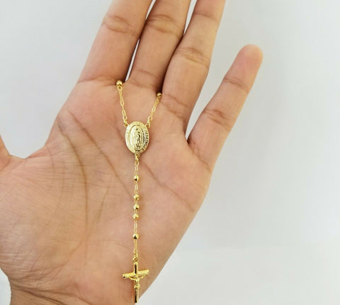 Real 10k Rosary Yellow Gold Diamond Cut Jesus Crucifix Necklace 18" Diamond Cuts