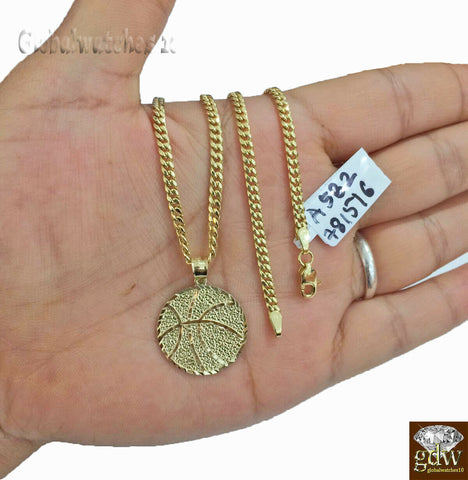 10k Gold Basket Ball Charm Pendant with Miami Cuban Chain in 20 22 24 26 inch