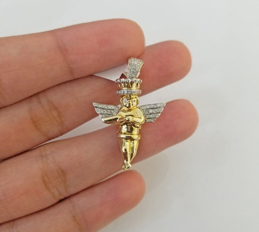 Real 10k Yellow Gold Angel Praying Hand Real Diamond Pendant Mini Angel Charm