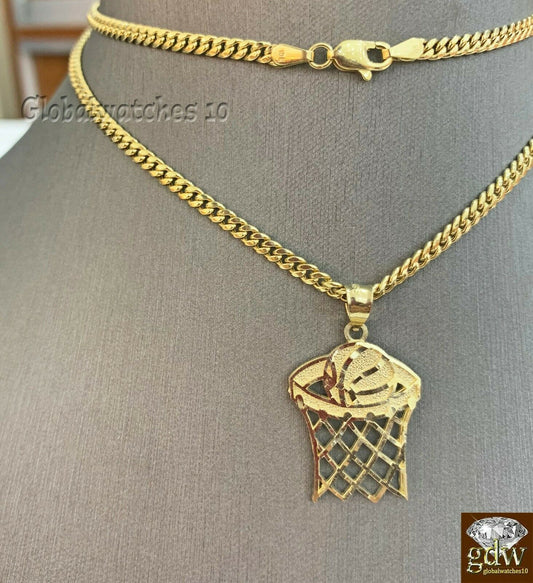 10k Gold Basketball Pendant with Miami Cuban Chain 22" 24" 26" 28" Real