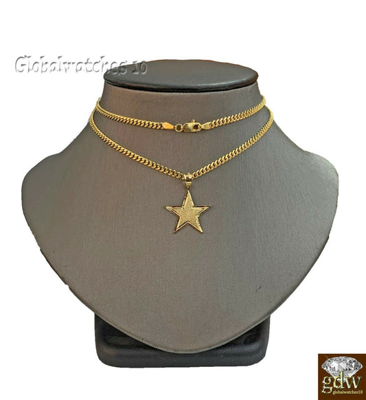 10k Gold Charm Pendant Star with Miami Cuban Chain in 22 24 26 28 Inch, Real