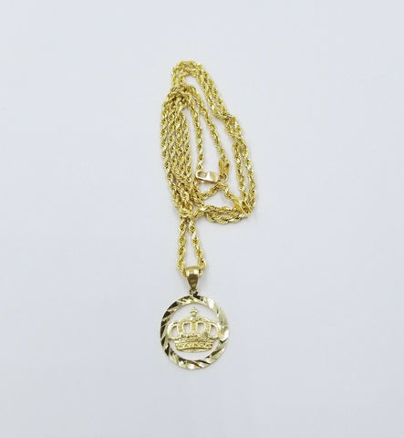 Round King Crown 10K Gold Charm Pendant in 2.5mm Rope Chain 18 20 22 24 26 Inch