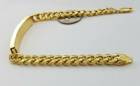 10K Yellow Gold ID Bracelet With Miami Cuban Chain 8mm 9" Long ,Hand chain 10kt