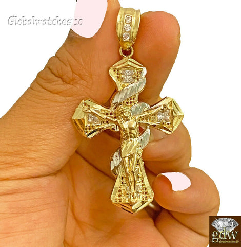 Real 10k Gold Jesus Cross Pendant Charm Crucifix 2" 10kt Yellow Gold Men Women