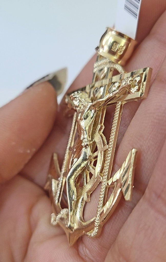 Real 10K Yellow Gold Rope Chain 22'' Necklace Anchor Cross Charm Pendant