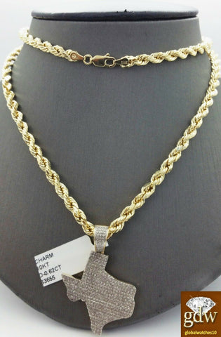 Real 10k Yellow Gold & Diamond Texas Charm/Pendant Including 24 Inch Rope Chain.