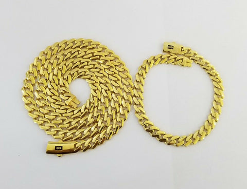 Real 10k Gold Miami Cuban Link Royal 8mm Monaco chain and Bracelet Set ,Necklace
