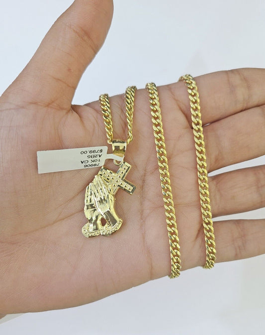 10k Yellow Gold Miami Cuban Chain & Praying Hands Cross Charm SET 3mm 22 Inches