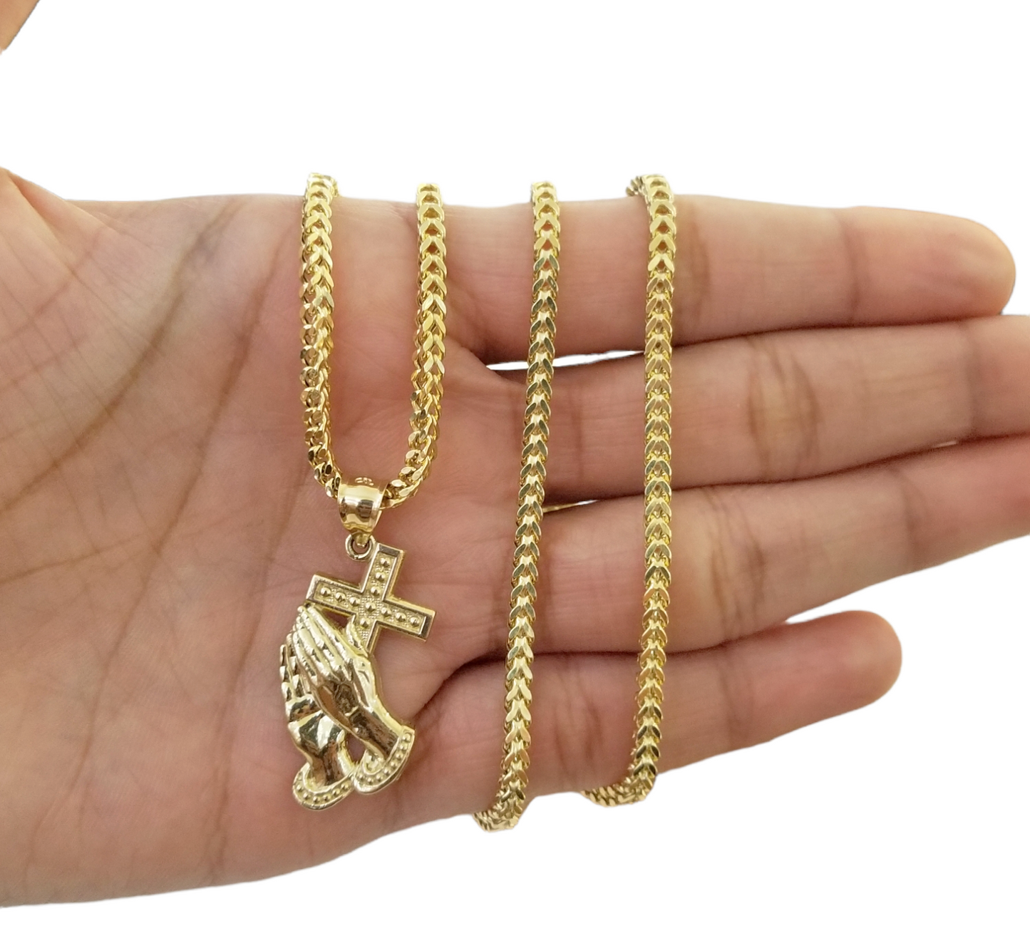 Real 10k Gold Praying Hand Cross Pendent Charm 3mm Franco Chain 18"-28" Inch