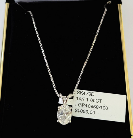 Real 14k White Gold Oval Diamond Pendant Box Chain Necklace Set Women
